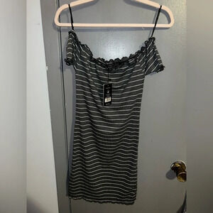 NWT Bodyglove off shoulder grey dress with white stripes.